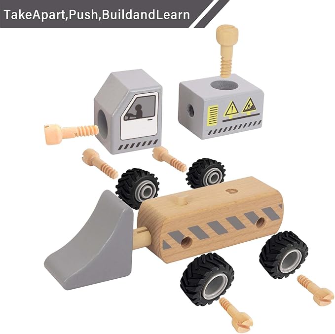 Construction Vehicles for Toddlers, 2 Pcs Wooden Detachable Assemble Bulldozer and Excavator, Kids Vehicle Toys Hand Push Car Toys for 3 Years Old Boys Girls