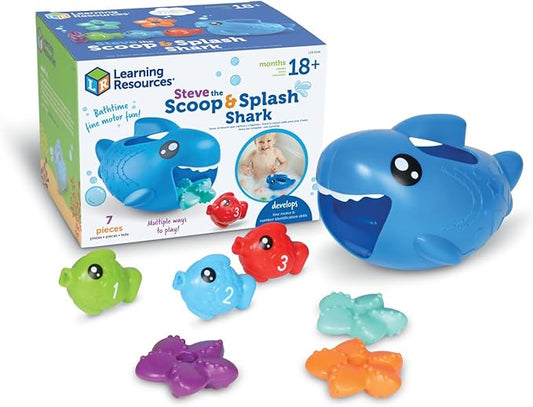 Learning Resources Steve the Scoop & Splash Shark, 7 Pieces, Ages 18 Months+, Toddler Bathtub Toys, Pool Activities for Boys and Girls, Water Games