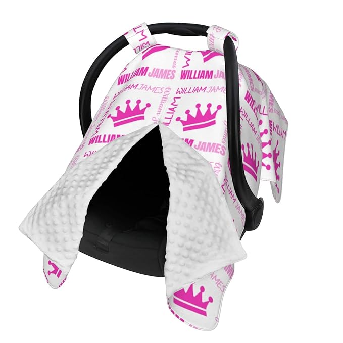 Personalized Girl Crown Baby Car Seats Canopy for Babies with Name, Custom Monogram Car Seat Covers for Girls, Opening Minky Nursing Breastfeeding Cover Infant Carseat Canopies for Newborn
