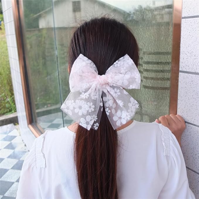 Large Tulle Bows Hair Clips for Baby Girls - Lace, Cottagecore, Lightweight Gauze Barrettes Accessories (Pink Floral and White)