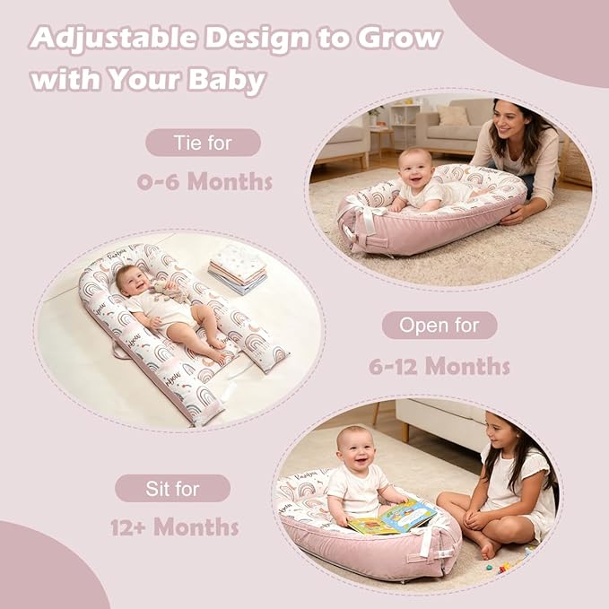 Baby Lounger-Breathable and Soft Organic 100% Cotton, Portable Infant Lounger with Removable Lounger Cover, Baby Nest Lounger for Newborn - Pink Rainbow