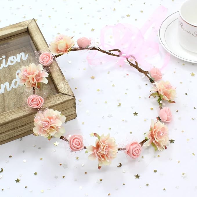 DDazzling Girls Breath Crown Flower Girl crown Floral Headband Wedding Hair Wreath Photo Props (Baby Pink)