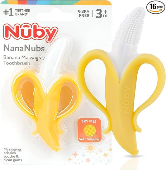 Nuby Nananubs Banana Massaging Teether – Baby Teething Toys 3 Months and Up, Silicone Teether for Sore Gums, Infant Toy, Baby Essentials, Brush, Travel Accessory, Gift for Babies (Pack of 16)