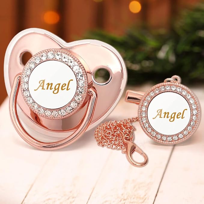 Personalized Pacifier and Pacifier Clip with Name,Bling Pacifier Clip Set with Multiple Patterns Glitter Crystal Luxurious Ideal Gift for Boy Girl Baby Shower Photography Newborns (Rose Gold)