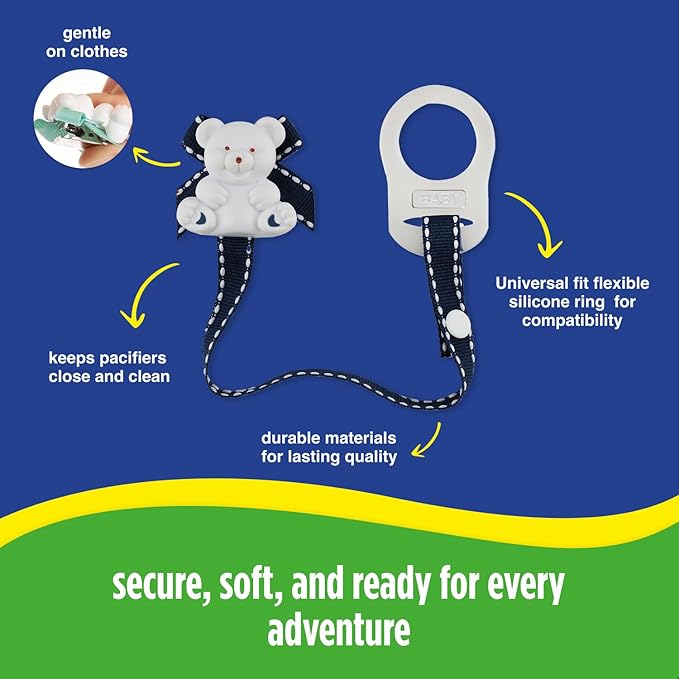 Baby Buddy Universal Pacifier Holder Clip -Snaps to Paci or Attach with Universal-Fit Silicone Ring, Pacifier Clip for Babies 4 Months and Up/Toddler Boys & Girls, Must Haves, White with Black Stitch