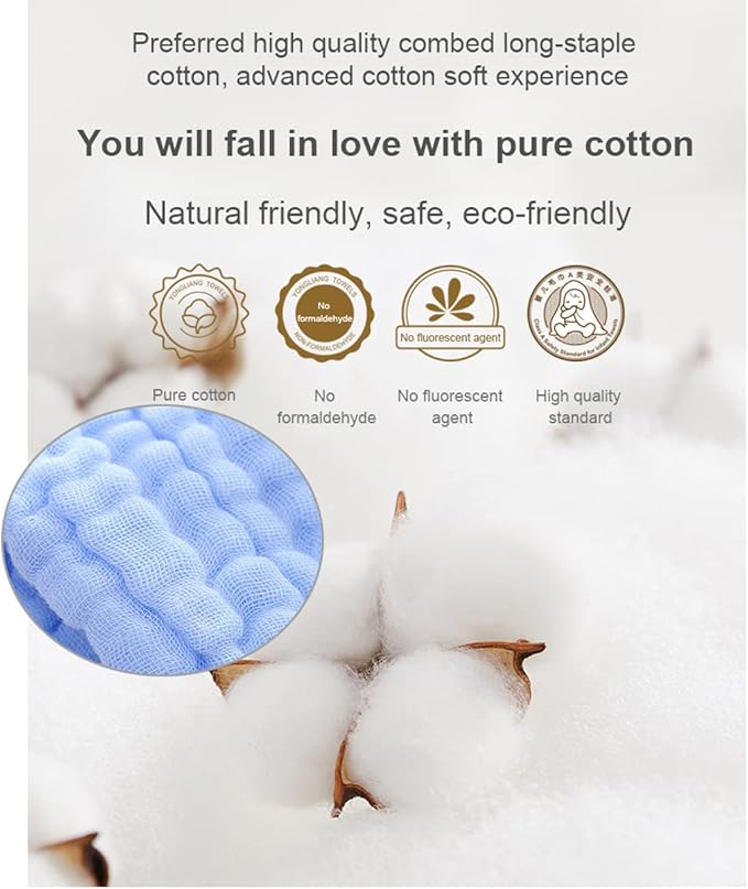 YEBON ProC 2Pcs Baby Muslin Bath Towels, Super Soft Cotton Bath Towel 6 Layers Infant Newborn Swaddle Blanket 41.3 X41.3 Inches,Baby Registry as Shower (Blue)