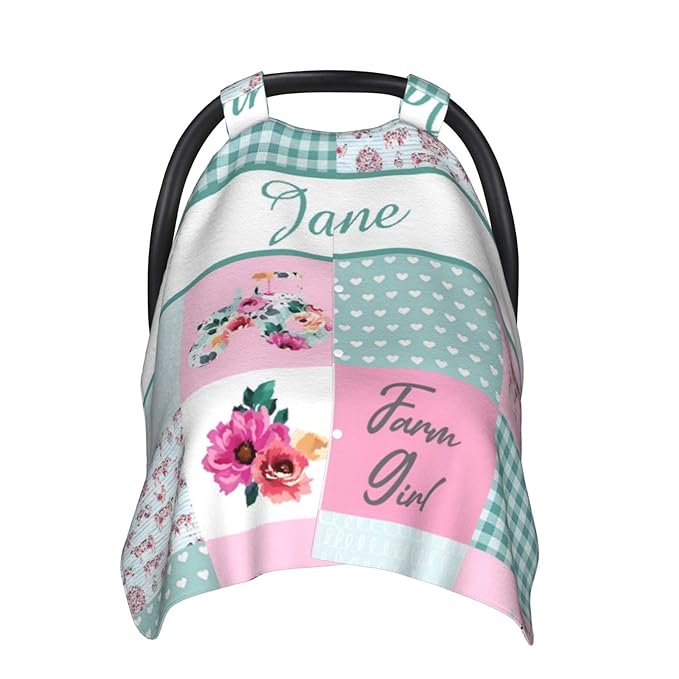 Personalized Baby Car Seat Canopy for Babies with Name, Custom Car Seat Covers for Girls, Floral Farm Nursing Breastfeeding Stroller Cover Infant Carseat Canopies for Newborn