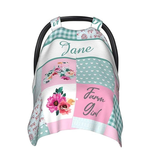 Personalized Baby Car Seat Canopy for Babies with Name, Custom Car Seat Covers for Girls, Floral Farm Nursing Breastfeeding Stroller Cover Infant Carseat Canopies for Newborn