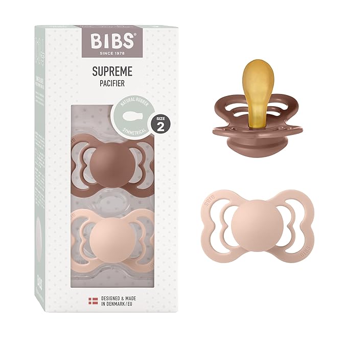BIBS Supreme Baby Pacifier 2-Pack | Made in Denmark | BPA Free Dummy Soother, Symmetrical Nipple. Natural Rubber Latex, Size 2 (6-18 Months), Woodchuck / Blush