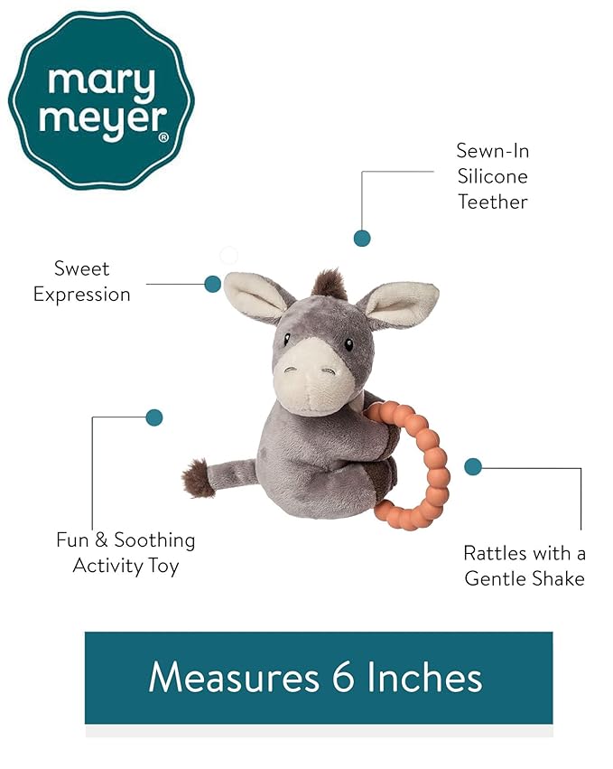 Mary Meyer Soft Baby Rattle with Soothing Teether Ring, 6-Inches, Dusty Donkey