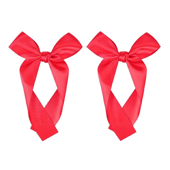 2-Pack Long Satin Ribbon Hair Bows for Girls – Elegant Silk Hair Clips for Toddlers, Infants, Teens & Kids - Red