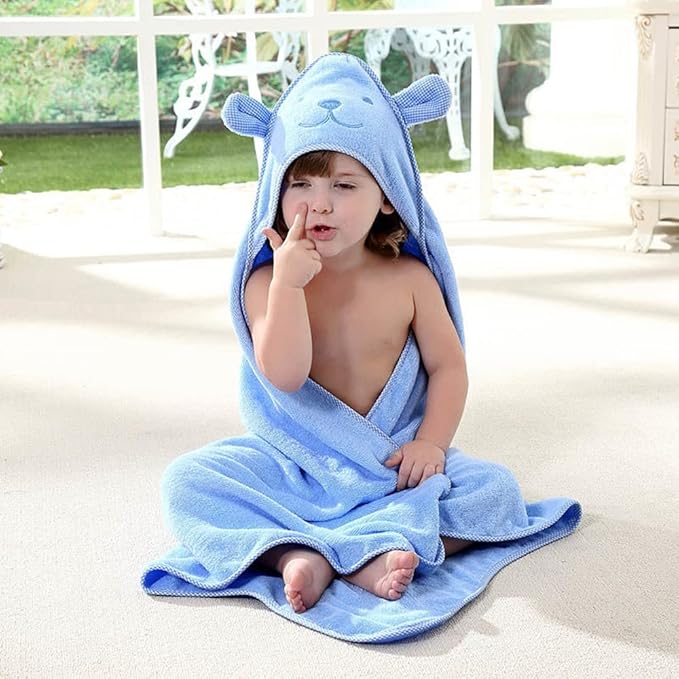 Baby Hooded Toddler Towel with Bear Ear- Soft and Thick 100% Cotton Bath Set for Kids Girls Boys Infant and Toddler, Good Choice (Blue)
