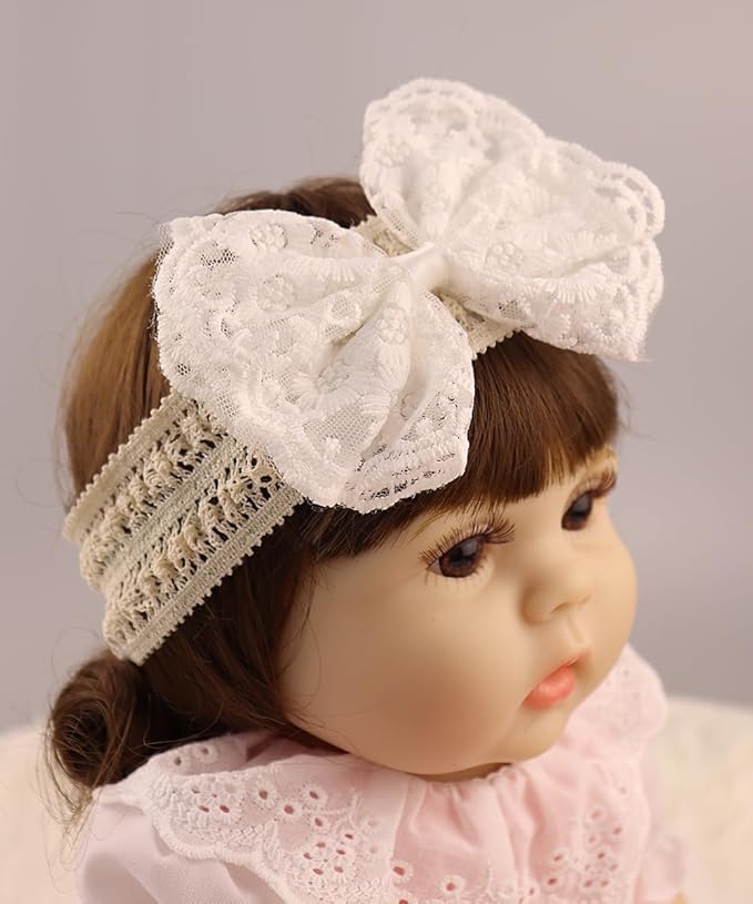 Lace Flower Bow-knot Baby Girls Headband Birthday Infant Wrap Elastic Baby Turban Hairband for Newborn Infant Toddler Kids (White)