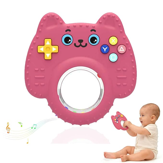 Teething Toys for Baby, Sensory Baby Chew Toy, Rattle Teether Toys for Babies 0-3-6-12 Months, Silicone TV Remote Control Shape for New Baby Gift (Pink)