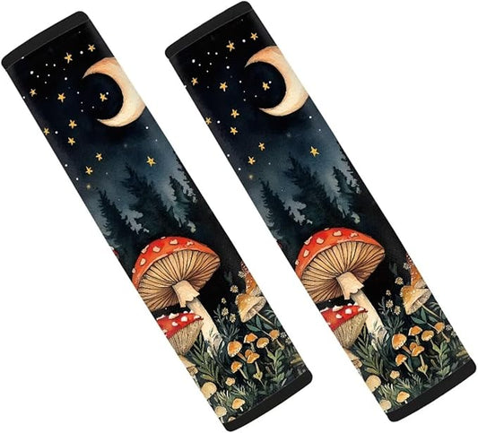 UNICEU Moon Star Mushroom Print Auto Seat Belt Pads 2 Piece Decoration Car Accessory Soft Universal Fit Automotive Shoulder Strap for Most Vehicle