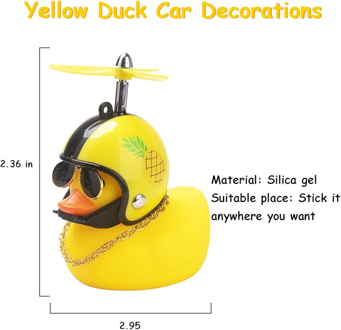 wonuu Rubber Duck Car Ornaments Cool Yellow Duck Car Dashboard Decorations Squeaky Glasses Duck with Propeller Helmet for Car ccessories Dashboard (Pineapple-Yellow G)