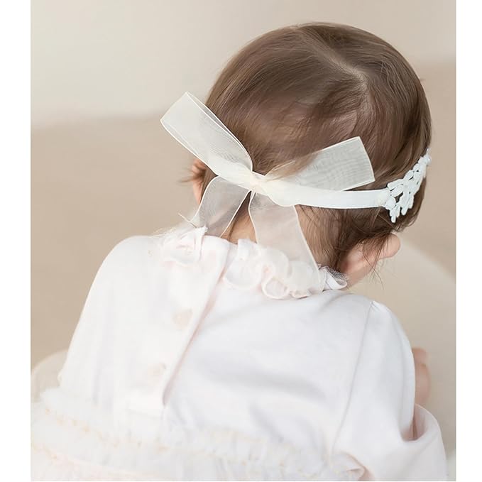 Baby Girls Hairband White Bow Lace Headbands Handmade Soft Stretchy Wide Head Band Newborn Hairbands with Bows Pearls Elastic Headband for Infant Hair Accessories（White Flowers）