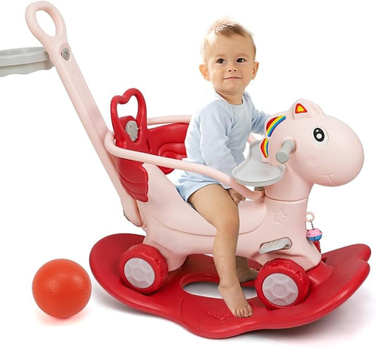 4 in 1 Rocking Horse Ages 1-3, Baby Rocking Toy Gift for Toddlers 1-3 Years Old, Balance Bike Ride On Toys with Push Handle, Backrest and Balance Board for Girl and Boy, Kids Riding Birthday (Pink)
