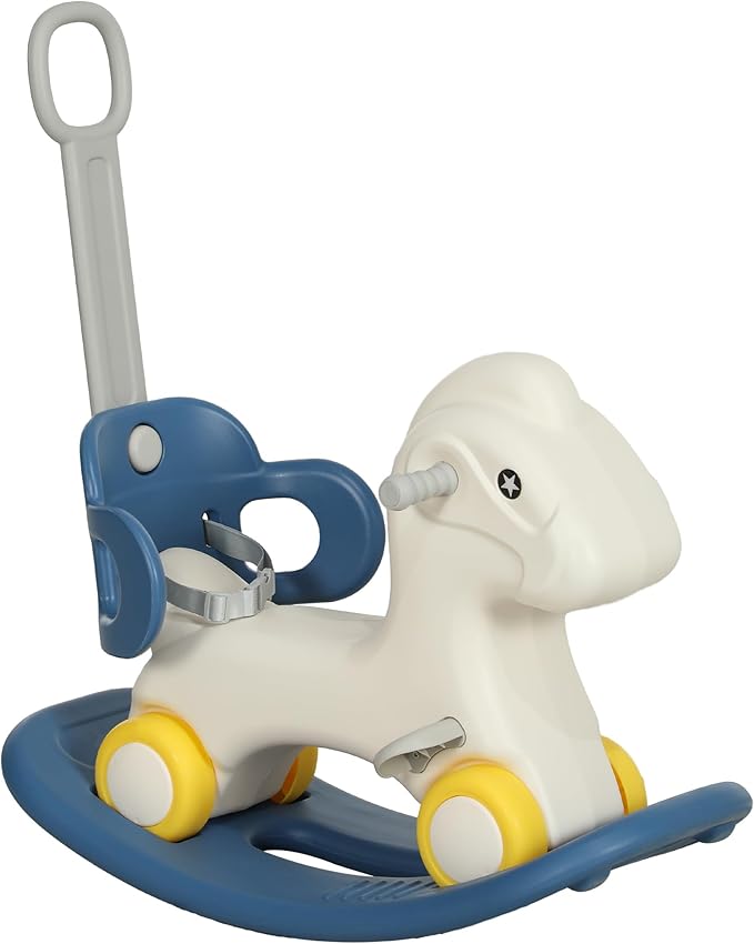 Qaba 4-in-1 Rocking Horse for Toddlers 1-3 Years, Baby Rocking Horse with Detachable Balance Board and Push Handle, Horse-Shaped Ride On Toy with 4 Smooth Wheels, for Baby Girls and Boys, Blue