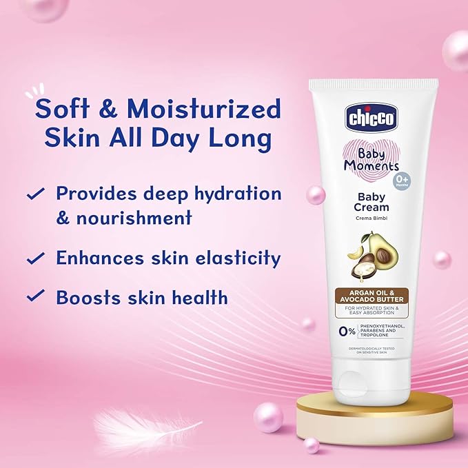 Chicco Baby Moments Baby Cream for Babies with Argan Oil & Avocado Butter, 100g| Natural Ingredients for Hydrated Skin | Dermatologically Tested | Phenoxyethanol, Parabens & Lauryl sulphates free