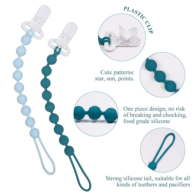 4 Pcs Green Baby Silicone Teething Pacifier Clip,One-piece Design,Round Shape,Textured Surface,BPA Free.