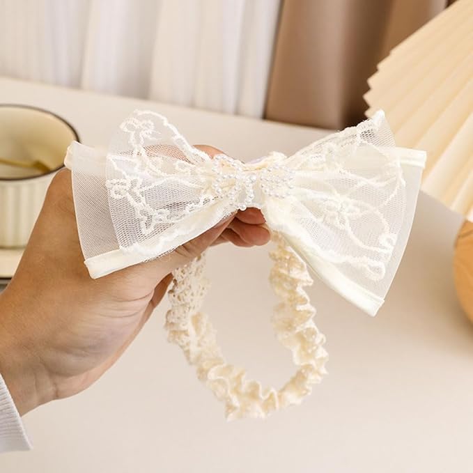 Cute Baby Girl Lace Headband Lace Bow Hair Accessories Elastic Bow Head Wrap for Newborn Infant Toddler Christening Baptism Party Hair Accessories for 0-36 Months (Ivory C, Free)