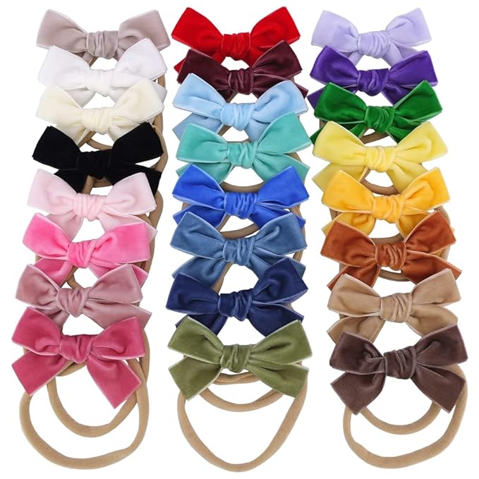 Sugarmelon Velvet Bow Soft Stretchy Headbands for Newborn Infant Toddlers Hair Bow Elastic Bands Baby Girls Nylon Hairband (3.2'' Ambrosia 24 PCS)