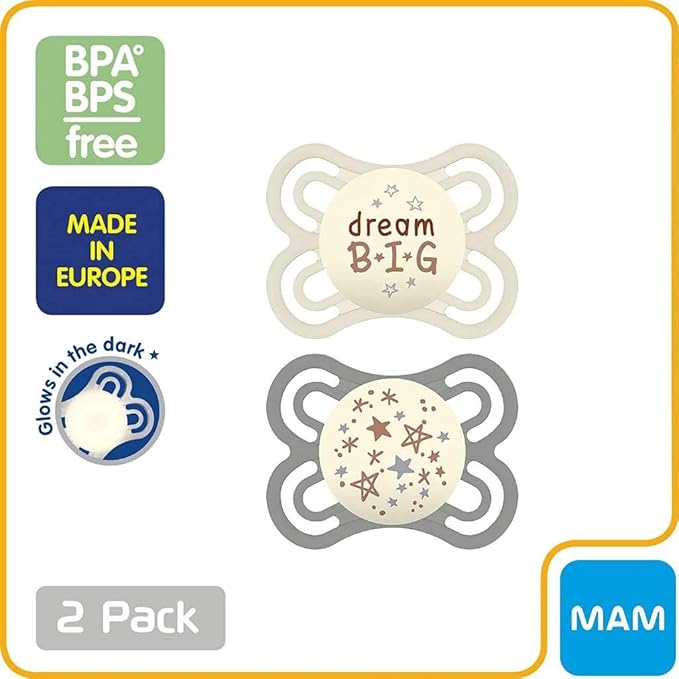 MAM Perfect Baby Pacifier 0-6 Months, Extra Thin Nipple, Developed with Orthodontists, Clinically Proven, Glows in The Dark, BPA-Free Silicone, Pack of 2, Made in Europe