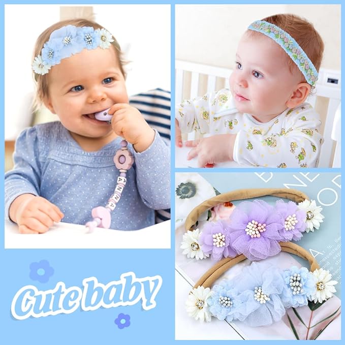 Dizila 6 Pieces Super Soft Stretchy Purple Light Blue Baby Girl Bow Flower Nylon Headbands Floral Lace Headbands Hair Accessories for Newborns Infants Toddlers Girls Kids