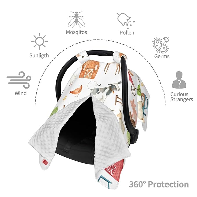 Farm Carseat Covers Baby, Winter Carseat Cover for Baby, Minky Baby Car Seat Cover for Boy & Girl, Peekaboo Opening Car Seat Canopy for Newborn, Multi Use Mom Nursing Cover, Farm Animals