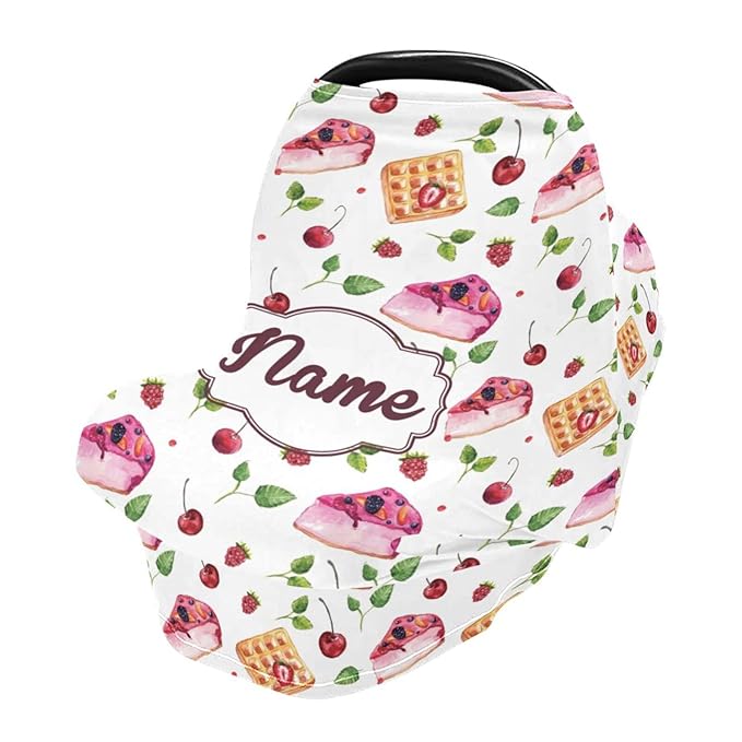 Personalized Baby Car Seat Covers for Girls, Customized Carseat Cover with Name, Infant Stroller Canopy Carrier Cover, Nursing Cover Breastfeeding Scarf for Newborn Babies, Fruit Cake Pattern