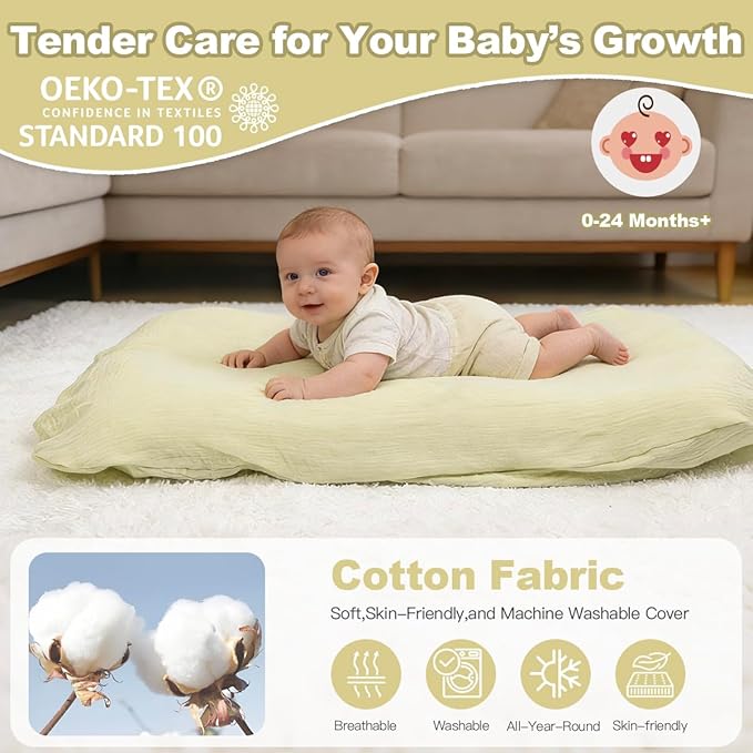 Infant Support Cushion - Baby Support Cushion for Newborn, 0-24 Months, Portable Tummy Time Mat for Home and Travel, Soft Cotton, Supervised Use, Baby Essentials Gift, Kelly, (Cover Included)