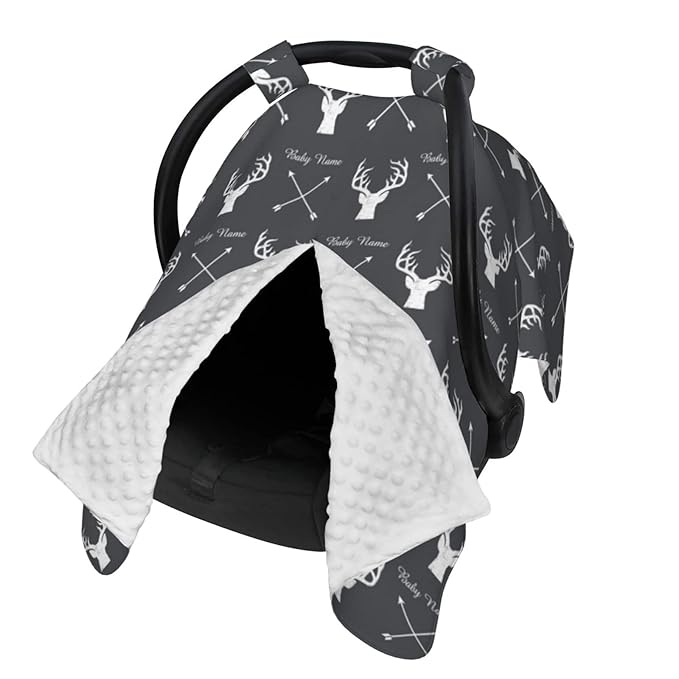 Personalized Deer and Arrow Baby Car Seat Canopy for Babies with Name, Custom Car Seat Covers Boys Girls, Peekaboo Opening Minky Nursing Breastfeeding Cover Infant Car Seat Canopies for Newborn