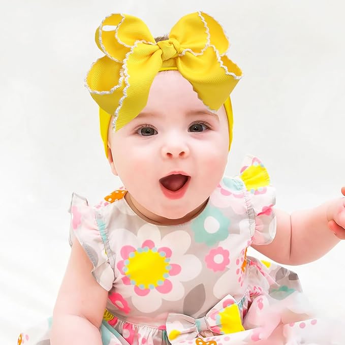 6'' Jumbo Yellow Baby Girls Bow Headbands, Handmade Grosgrain Moonstitch Boutique Baby Headwraps, Super Stretchy Soft Nylon Headbands for Newborns, Infants & Toddlers