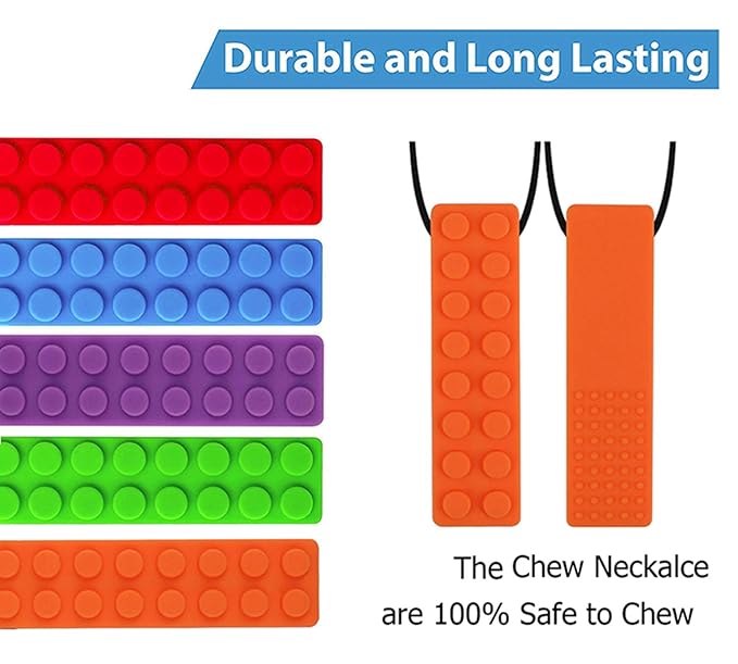 Chew Necklace, Sensory Chew Necklace Bundle for Kids with Chewing, ADHD, Autism, Biting Needs, Oral Motor Chewy, Silicone Necklace Made from Food Grade Silicone Safety, for Boys&Girls(5 PCS)