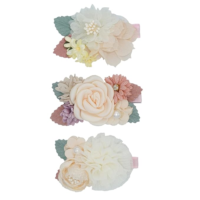 3pcs Girls Flower Hair Clips, Floral Hair Barrettes w/Boutique Fully Lined Alligator, Hair Bows for Baby Newborn Toddler