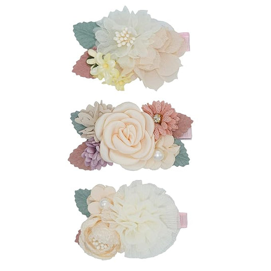 3pcs Girls Flower Hair Clips, Floral Hair Barrettes w/Boutique Fully Lined Alligator, Hair Bows for Baby Newborn Toddler