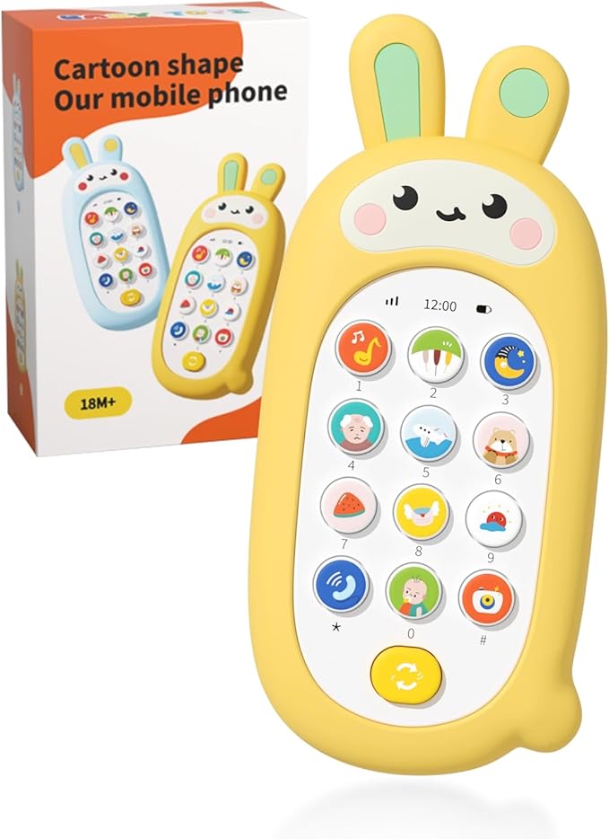 Baby Cell Phone Toy with Teething Silicon Mobile Phone Shell, Sensory Comfort Toys with 12 Learning Modes & Soothing Lullabies, Gift for Toddler Infants Baby Shower Birthday (Yellow Bunny)