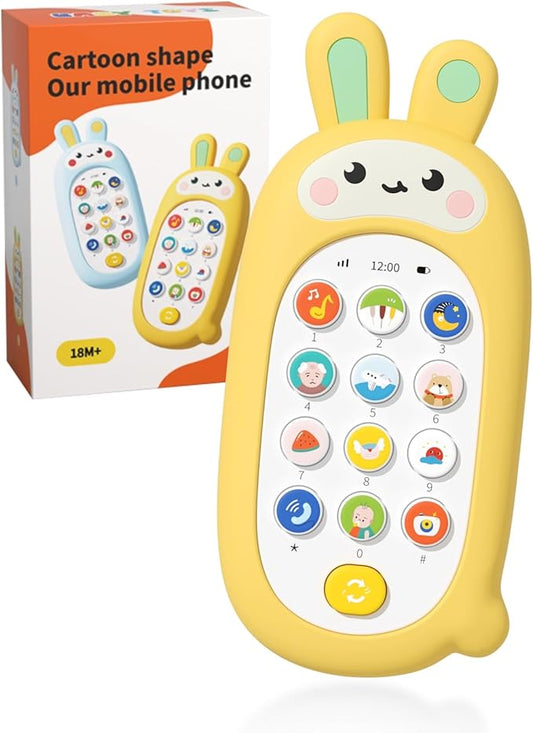 Baby Cell Phone Toy with Teething Silicon Mobile Phone Shell, Sensory Comfort Toys with 12 Learning Modes & Soothing Lullabies, Gift for Toddler Infants Baby Shower Birthday (Yellow Bunny)