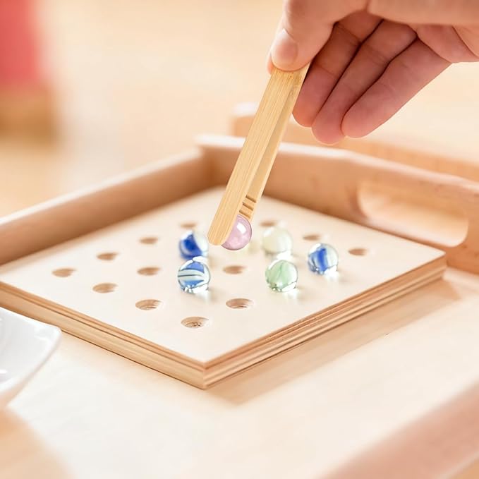 NUOBESTY 3PCS Wooden Tweezer Tongs Kids Tweezers for Fine Motor Peg Board Beads Game Clips Counting Matching Game Beads for Montessori Sorting Toys