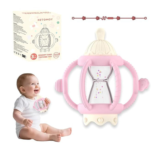 Teething Rattles for Babies 0-6 Months 6-12 months, Silicone Rattle Teether with Pacifier, Baby Montessori Toys 6-18 Months, Infant & Toddler Molar Teething Relief, Boys Girls Essential Gifts (Pink)