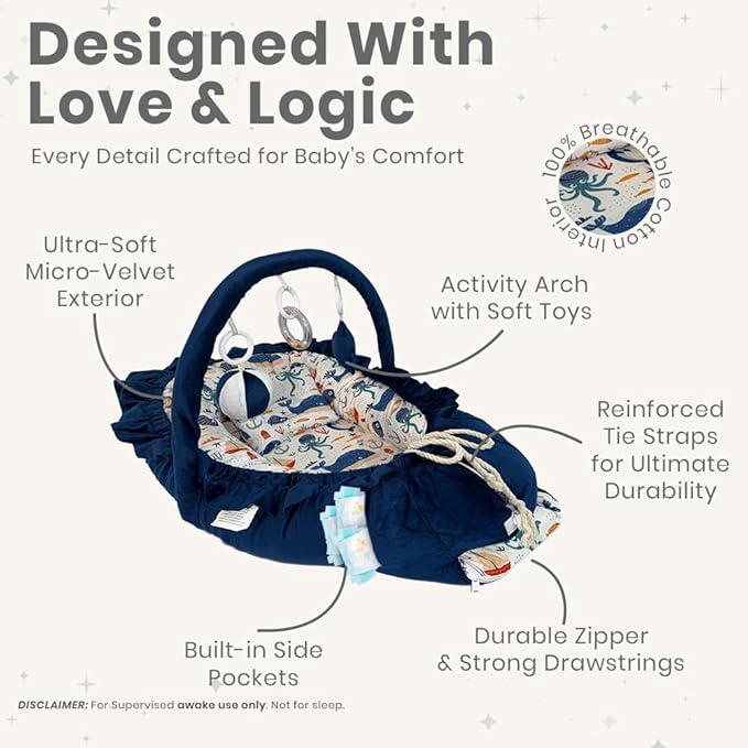 Newborn Lounger Blue - Flexible & Portable w/Infant Support Cushion, Soft & Breathable 100% Cotton - Multi-Use Supervised Baby Lounger for Floor, Travel, Changing Mat Alternative - Premium