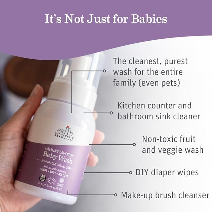 Earth Mama Calming Lavender Baby Wash Liquid Foaming Hand Soap, All-Purpose Lavender Body Wash for Sensitive Skin, Castile Soap with Coconut Oil, Shea Butter, Calendula, & Aloe, 5.3 Fl Oz