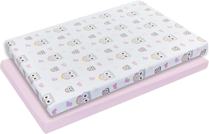 2 Pack n Play Mattress Sheets – 100% Percale Weave Cotton Soft Portable Crib Mattress Sheets for Girls with Owls/Hearts and Solid Pink Design; 2 Pc Playpen Mattress or Mini Crib Sheet Fitted Set