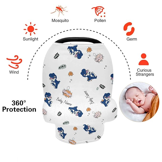 Personalized Cartoon Dinosaur Car Seat Covers with Name, Custom Nursing Cover Breastfeeding Scarf Soft Breathable Stretchy Coverage, Infant Stroller Cover for Boys Girls
