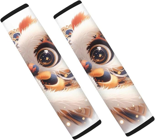 Cartoon Lion Dance Auto Seat Belt Cover 2 Pcs Set Chinese Style Animal Lions Pattern Interior Decoration Accessories Protector Cover Universal Fit Car Truck SUV