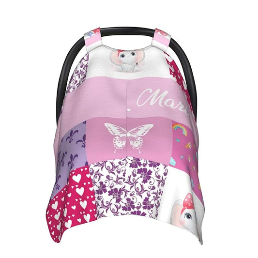 Personalized Baby Car Seat Canopy for Babies with Name, Custom Car Seat Covers for Girl, Infant Opening Minky Nursing Breastfeeding Stroller Cover Carseat Canopies for Newborn (Elephant and Butterfly)