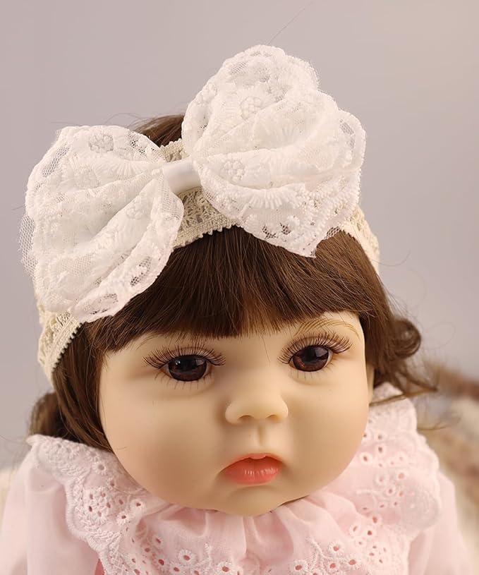 Lace Flower Bow-knot Baby Girls Headband Birthday Infant Wrap Elastic Baby Turban Hairband for Newborn Infant Toddler Kids (White)