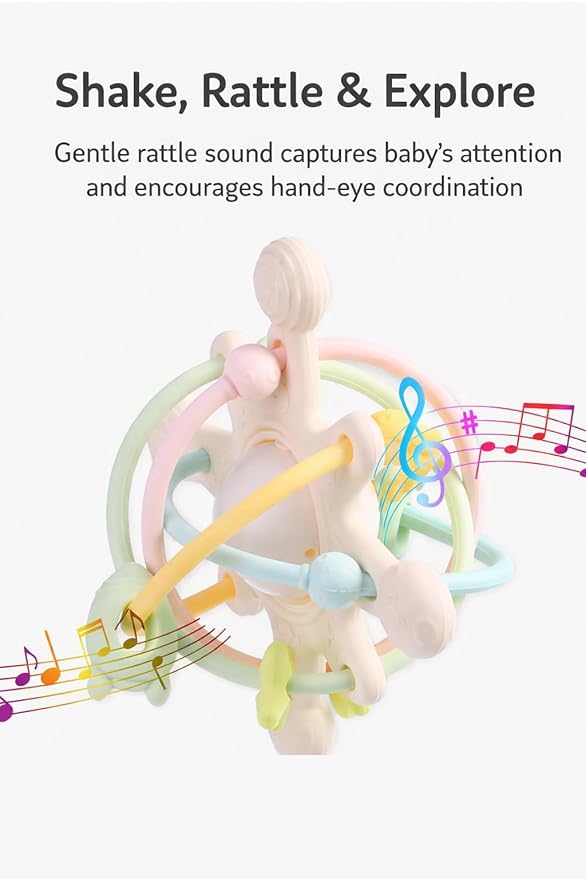 Cosmo Silicone Baby Rattle Teether – Pastel | BPA-Free 3D Sensory Teething Toy | Multi-Textured Chewable Arms & Pullable Rings | Food Grade Silicone | Developmental Grip Toy 3-36 Months
