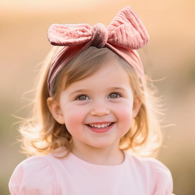 Baby Girl Muslin Cotton Hair Bow Headband, Top Knotted Floral and Solid Headwrap for Newborns, Infants, Toddlers (CJpinkset)